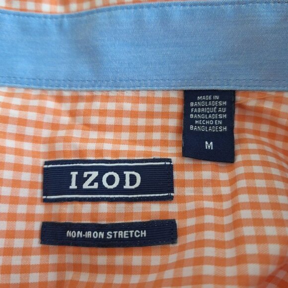 Izod Mens Collared Shirt Button Down Up Peach Orange Check Medium Blue Cuff - Picture 5 of 8